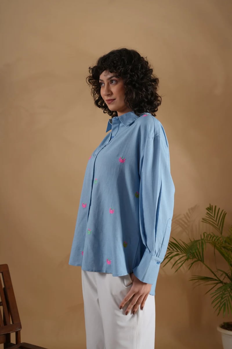 Blue Oversized Embroidered Button-Down Shirt