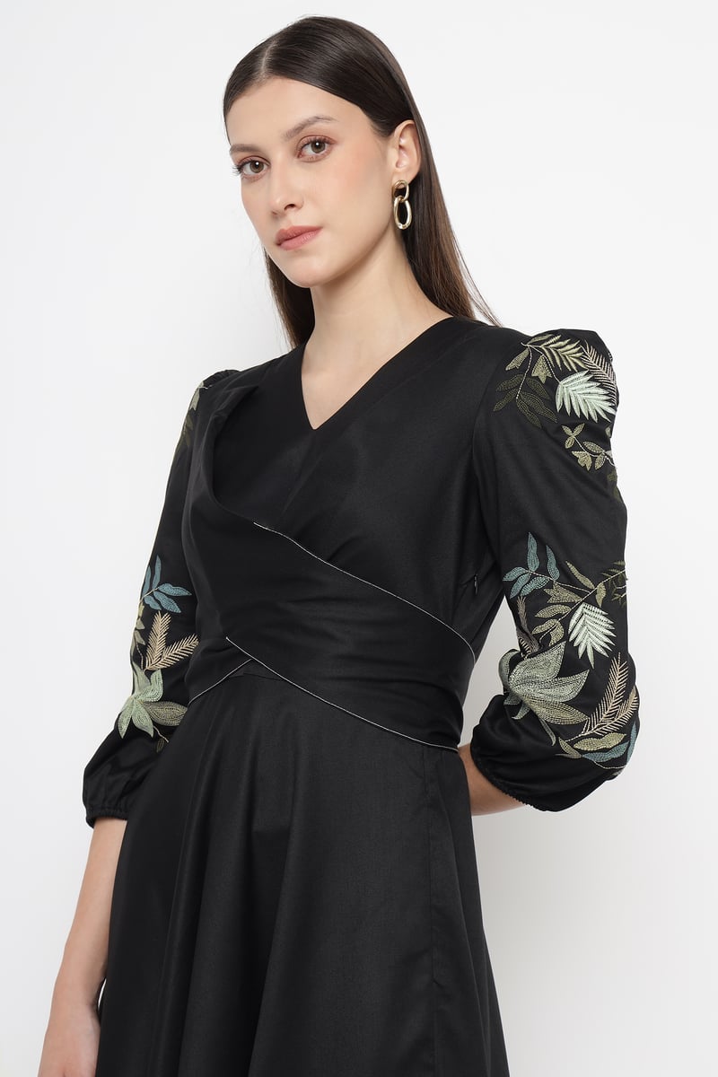 Black Fit and Flare Midi Dress with Embroidered Sleeves