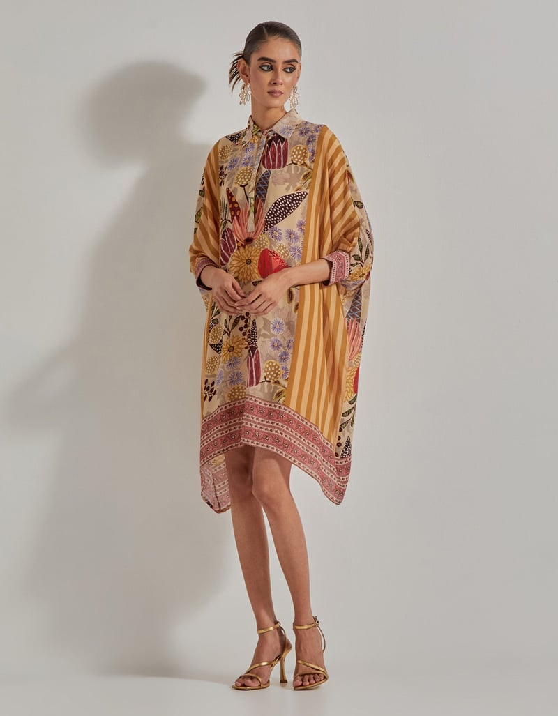 Beige Printed Baggy Tunic Kurta with Collar — Kavita Bhartia