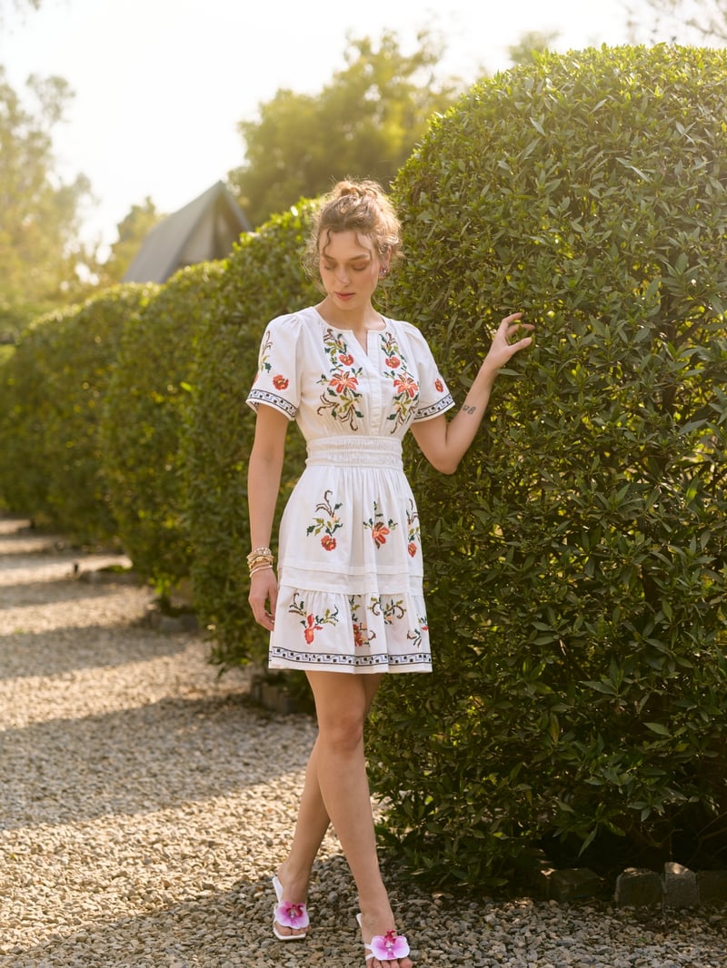 White Cotton Floral Embroidered Tiered Knee-Length Dress