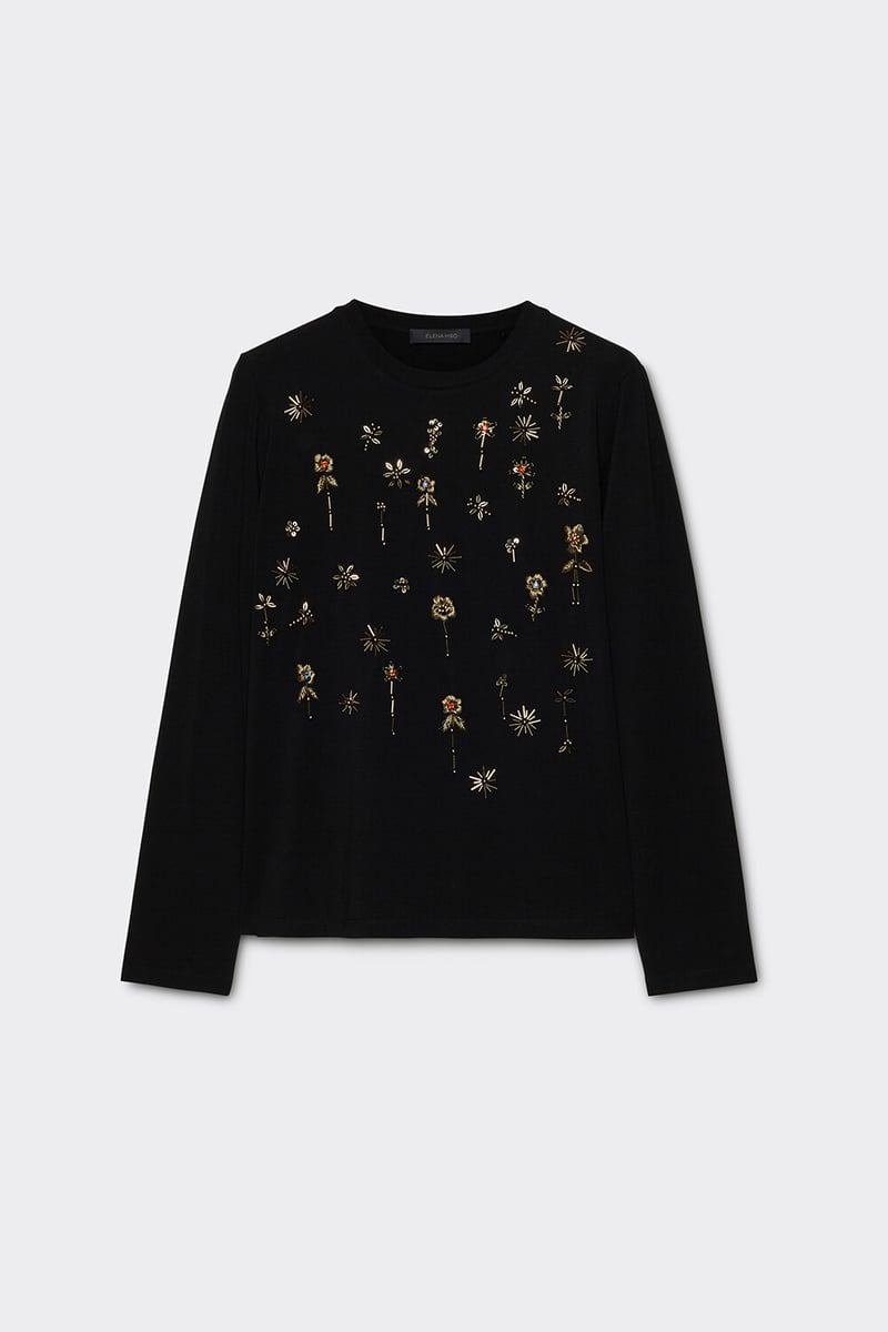 Black Embellished Long Sleeve Round Neck T-Shirt — ELENA MIRO