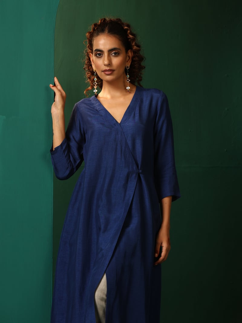 Blue Silk-Blend Angrakha Kurta and Pant Set