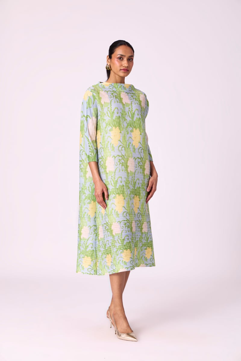 Light Blue Pleated Floral Midi Dress with Belt