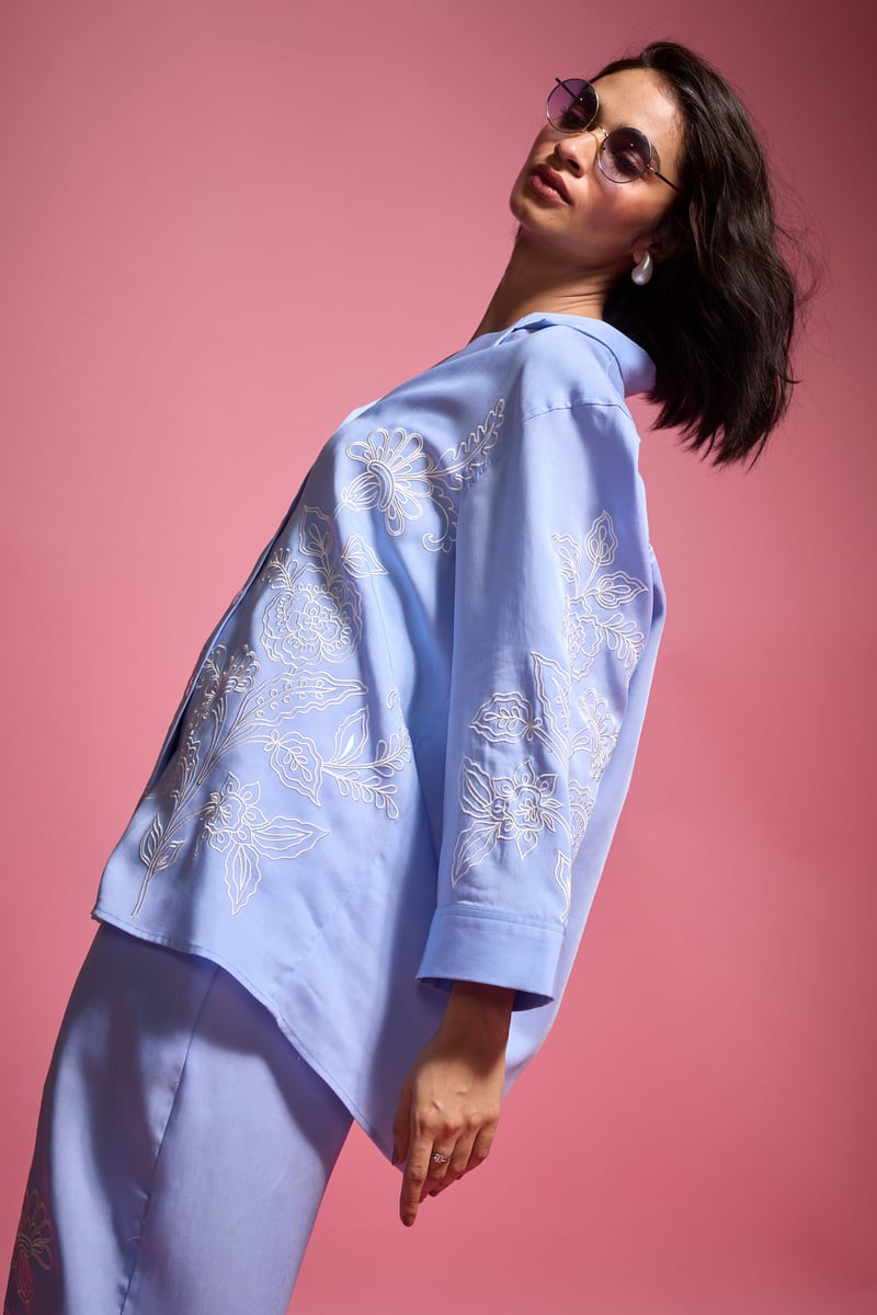 Pastel Blue Tencel Placement Embroidered Relaxed Fit Shirt