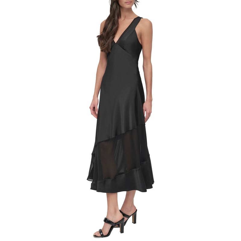 Black Satin Slip Midi Dress with Sheer Hem Panels
