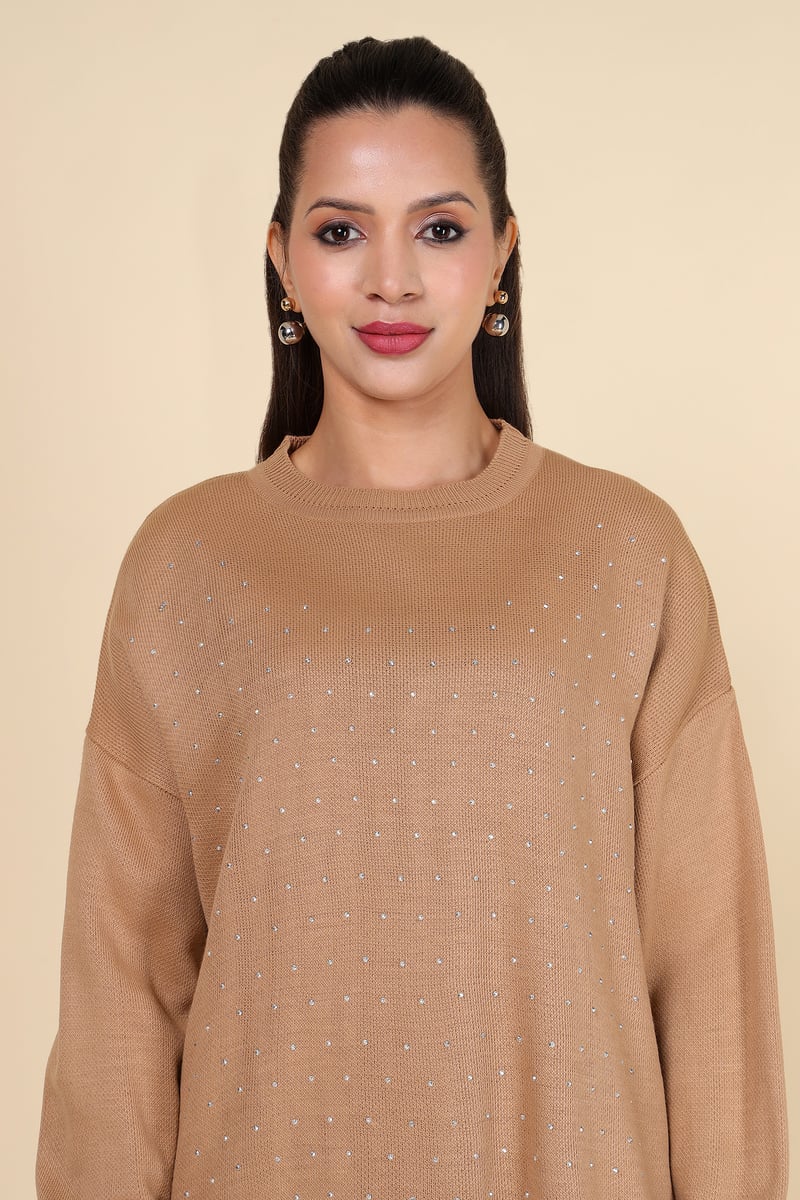 Brown Studded Knit Top and Wide-Leg Pants Co-ord Set