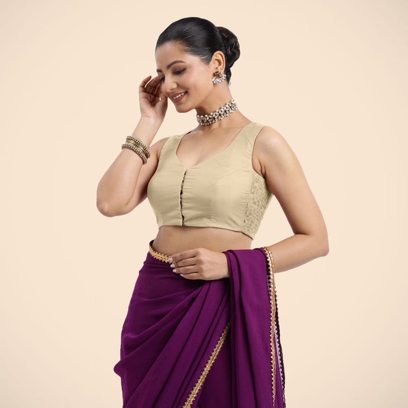 Cream Sleeveless Curved V-Neck Front-Open Saree Blouse