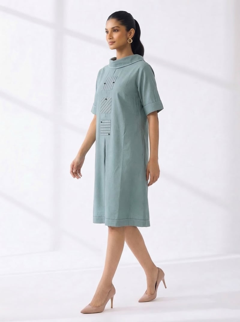 Aqua Cotton Muslin Knee-Length Shift Dress