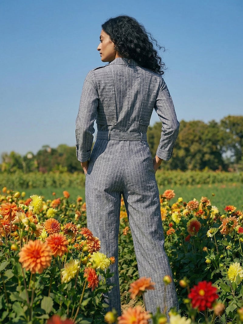 Cobalt Blue Pinstripe Belted Lapel Collar Jumpsuit