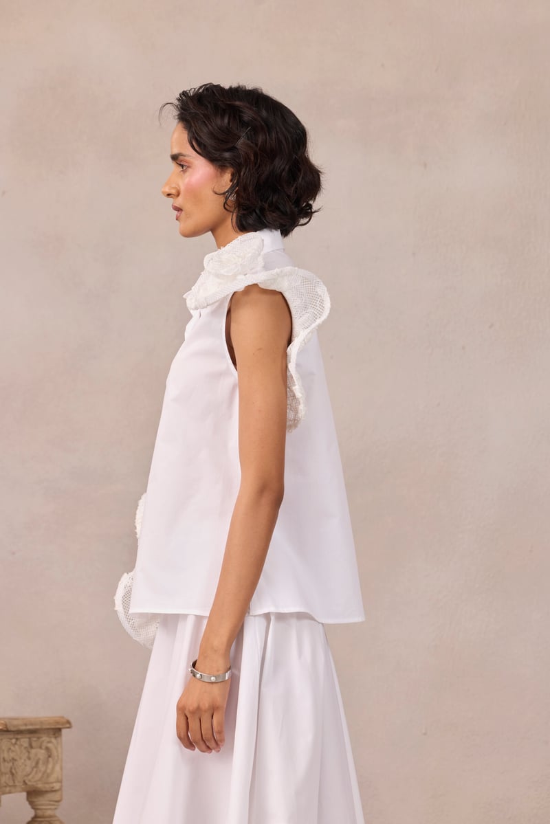Bright White Sleeveless Shirt with 3D Rosette Detail