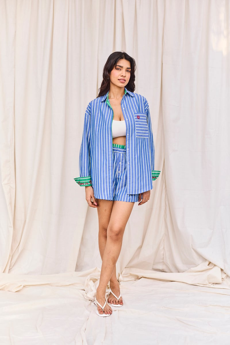 Blue & Green Striped Shirt & Short Set