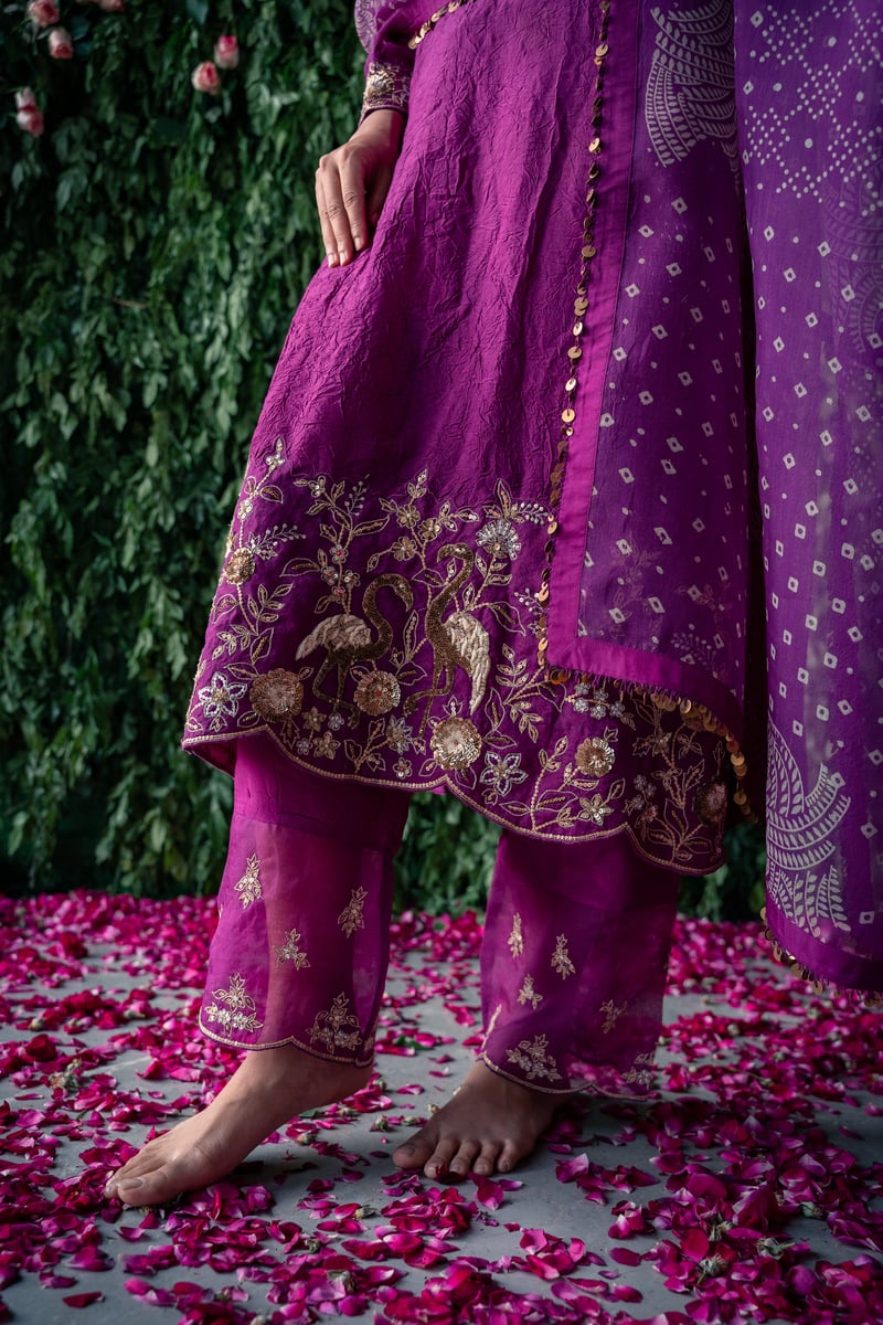 Mauve Crushed Silk Embroidered Kurta Set with Dupatta