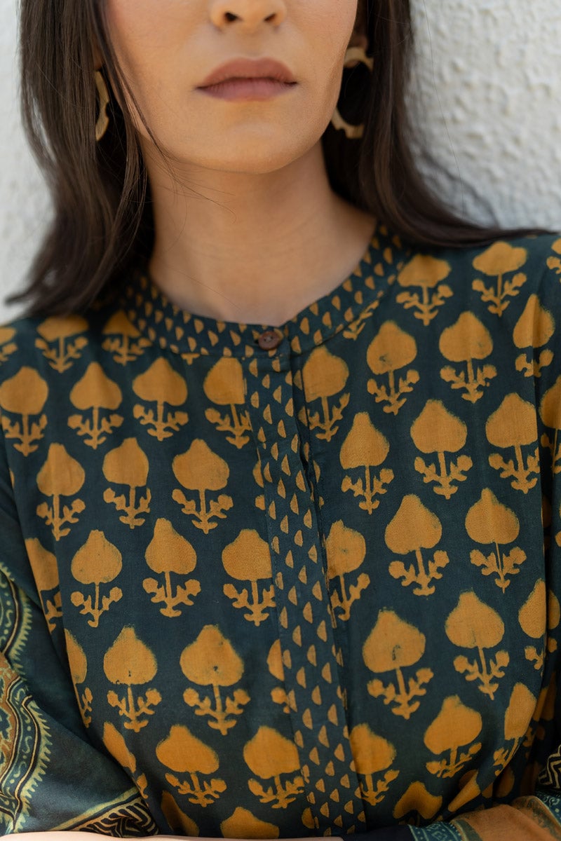Forest Green A-Line Cotton Block Print Kurta