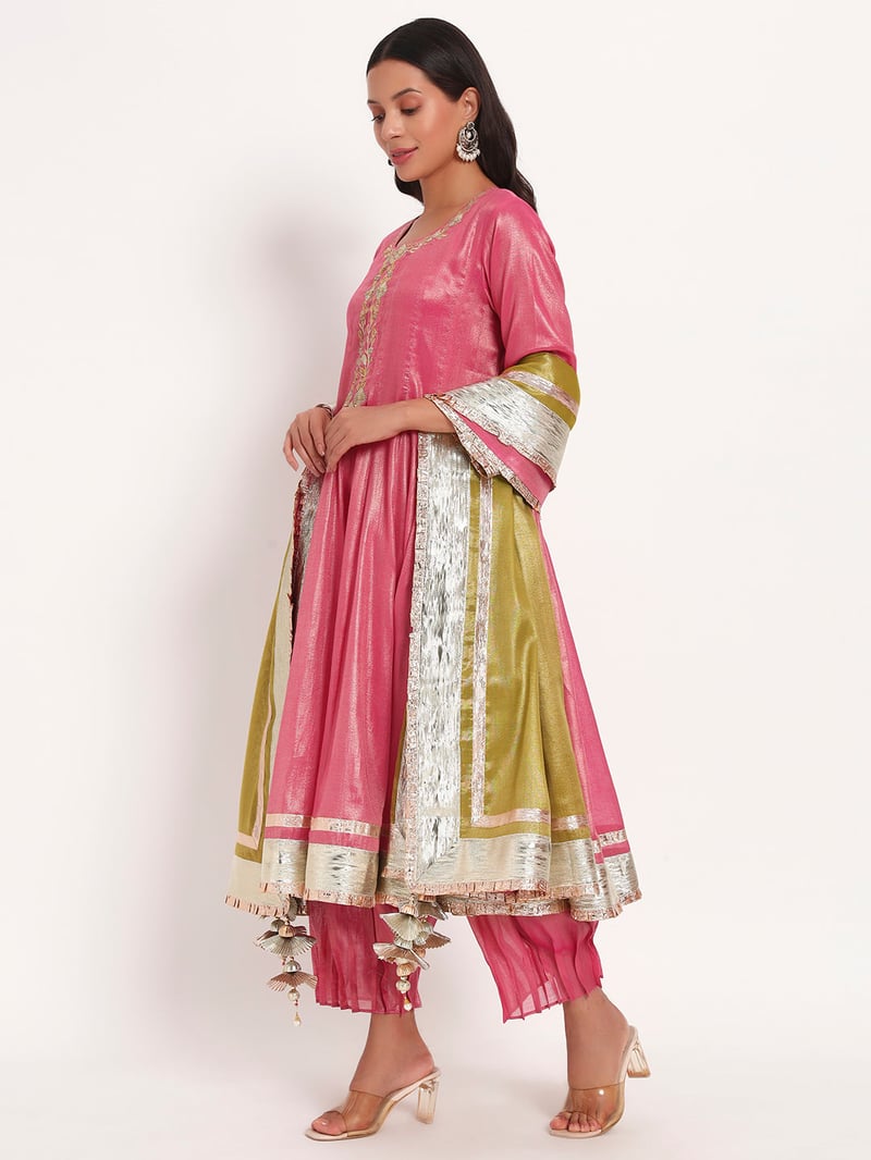Rose Pink Cotton Tissue Anarkali Kurta Set with Dupatta — Gotta Kinari