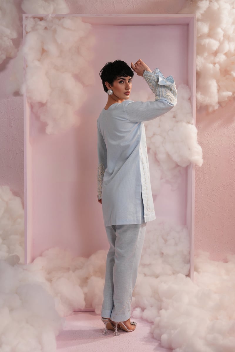 Powder Blue Pearl Embroidered Kurta Pant Co-ord Set