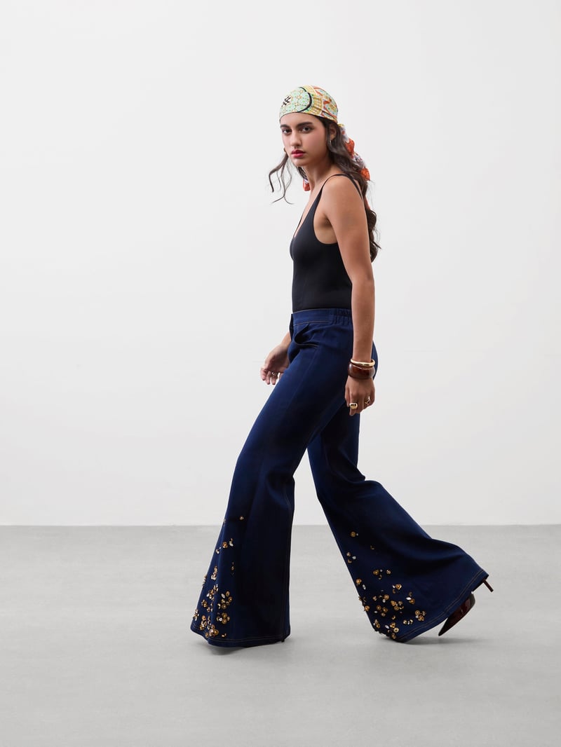 Dark Blue High-Waist Flared Jeans with Metallic Embroidery