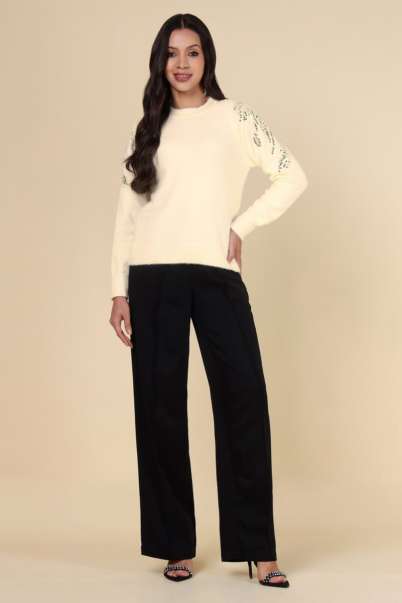 Ivory Sequin Sleeve Round Neck Pullover Sweater