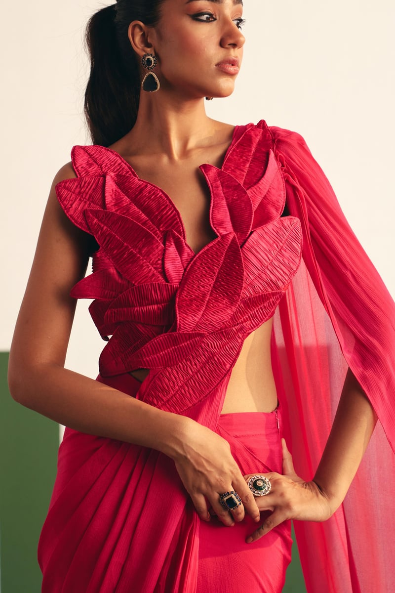 Magenta Pink Pre-Stitched Saree Set with 3D Leaf Blouse