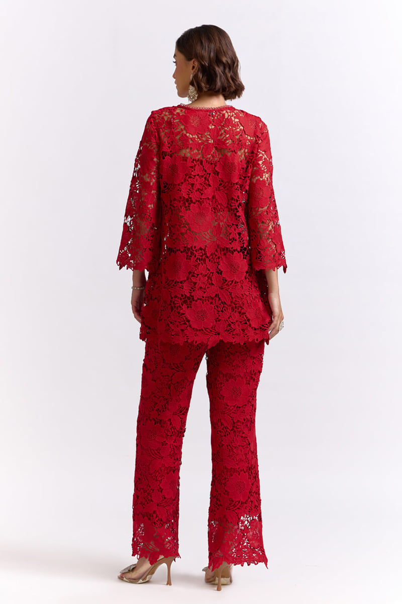 Red Lace Top and Wide-Leg Pants Co-ord Set