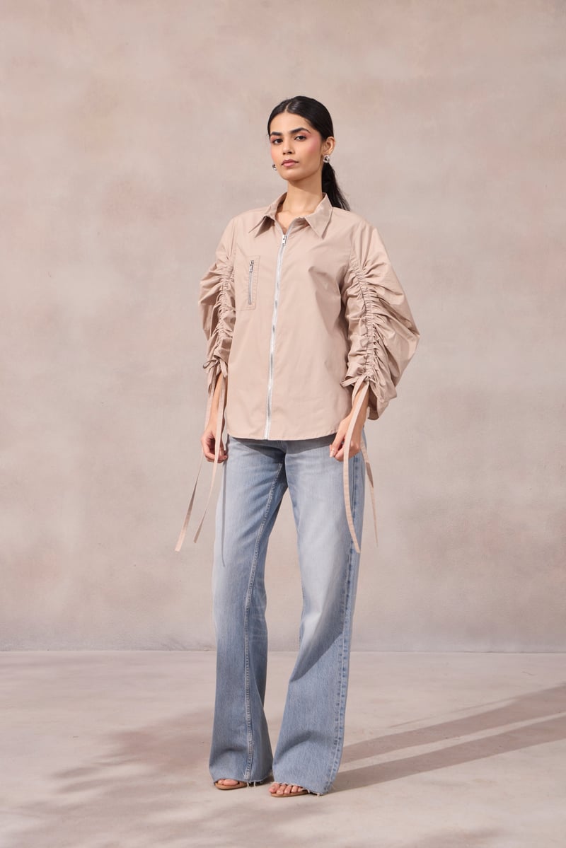 Lavender Zip-Front Shirt with Ruched Sleeves