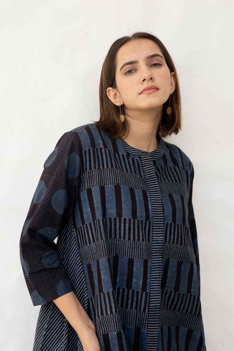 Black and Indigo A-Line Block Print Cotton Kurta