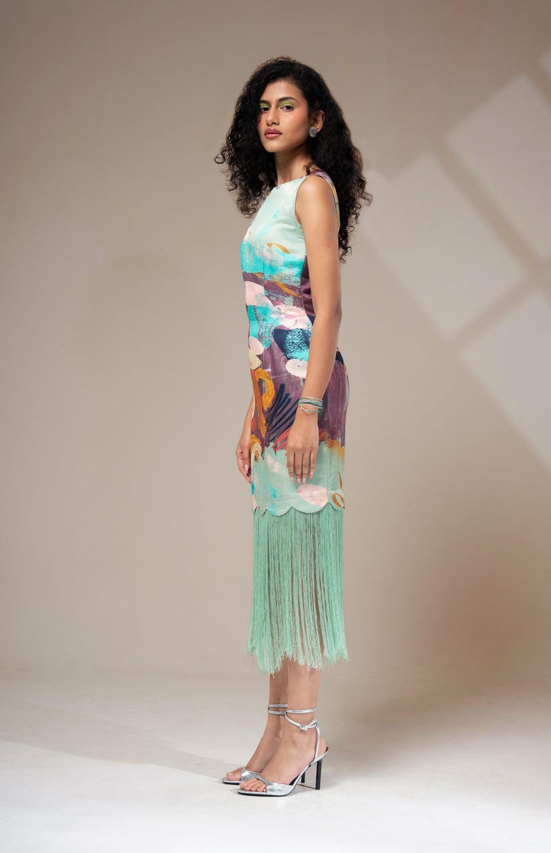 Multicolor Abstract Print Fringe Hem Satin Midi Dress