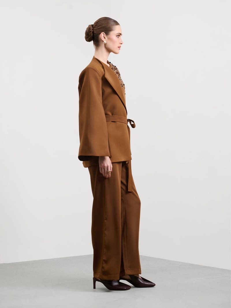 Mocha Brown Wide-Leg Trousers with Pockets