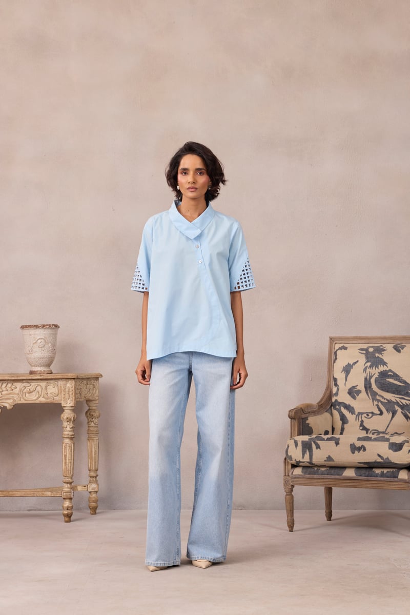 Frost Blue A-Line Shirt with Geometric Mesh Sleeve Inlay