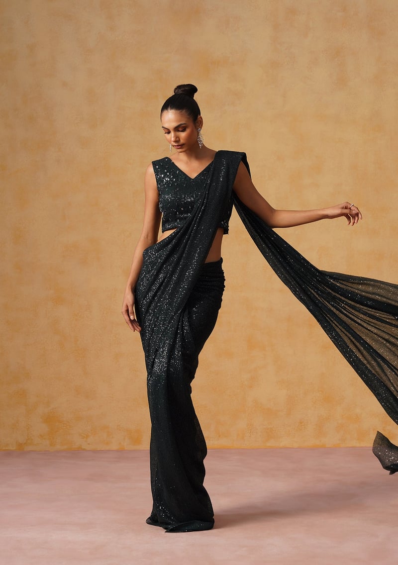 Inaya Sequin Pre-Stitched Saree (Black)