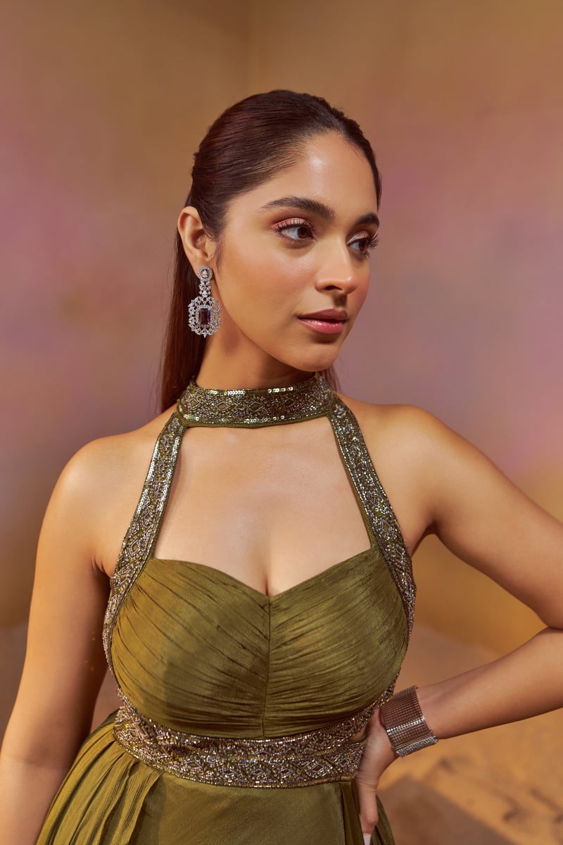 Dusty Olive Green Chiffon Halter-Neck Maxi Gown