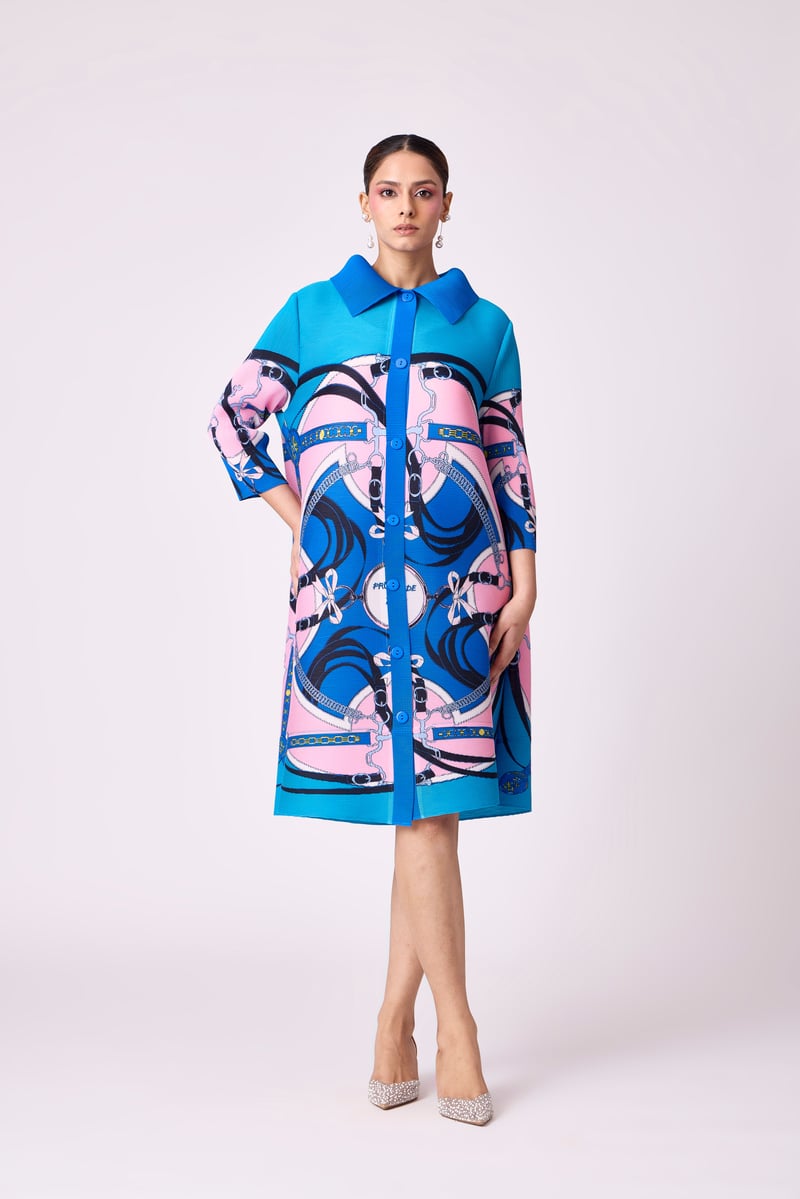 Blue Abstract Print Micro-Pleated Shirt Dress