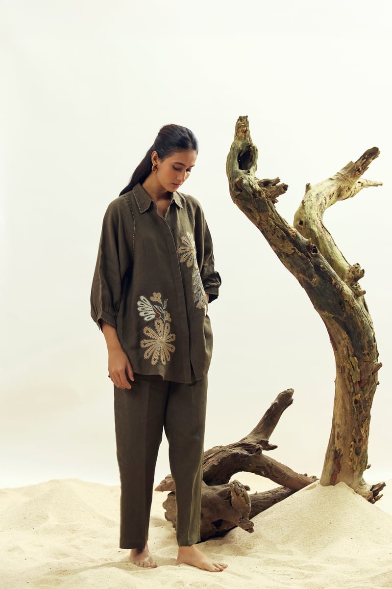 Olive Linen High-Rise Straight-Leg Trousers