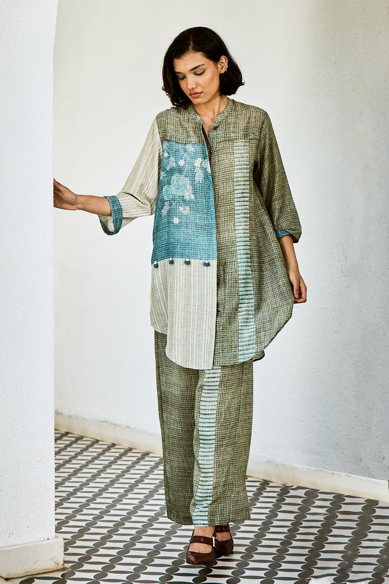 Blue and Olive Linen Colorblocked Tunic Co-ord Set