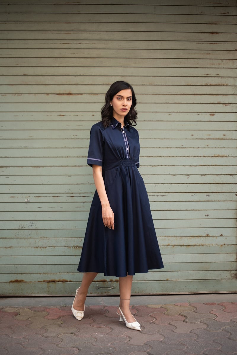 Navy Blue Cotton Satin Ruched Waist A-Line Midi Dress