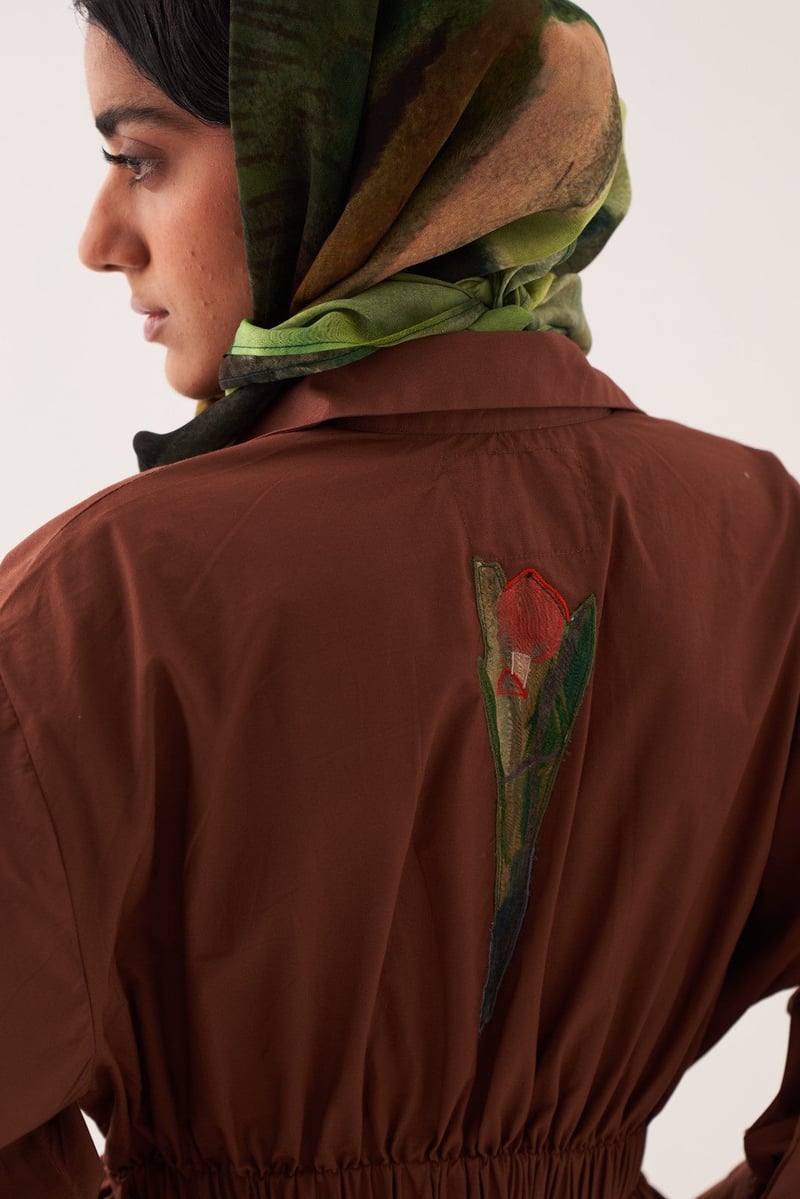 Brown Midi A-Line Shirt Dress with Floral Applique