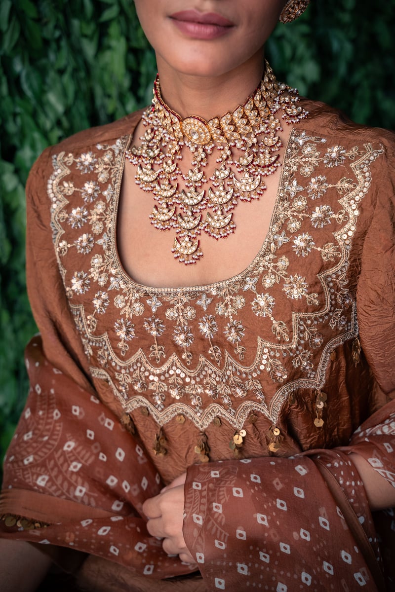 Brown Embroidered Crushed Silk Kurta Set with Dupatta