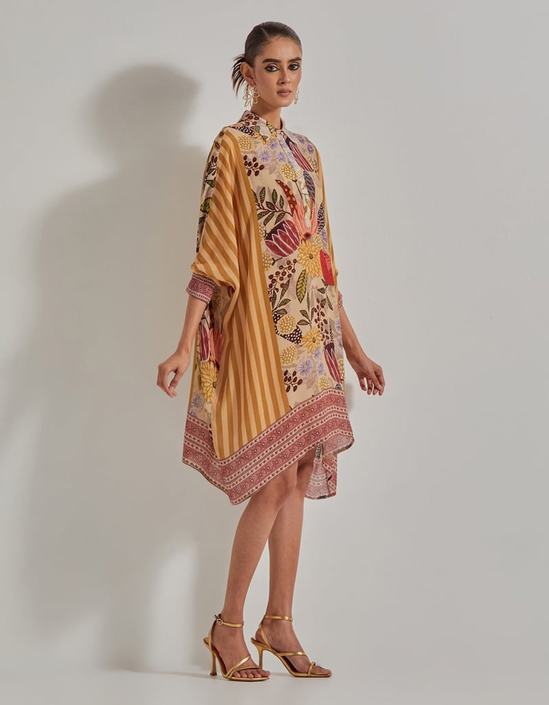 Beige Printed Baggy Tunic Kurta with Collar