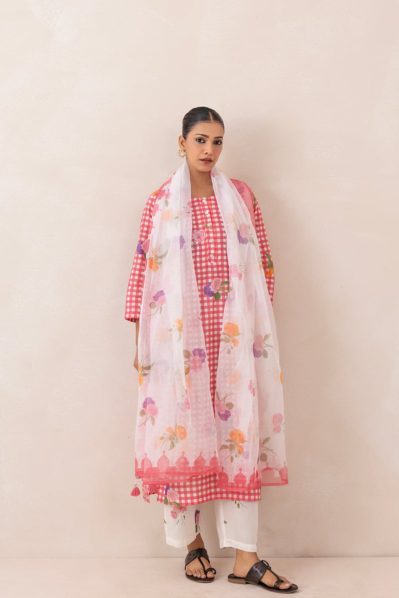 Pink and White Gingham Printed Cotton Kurta Set