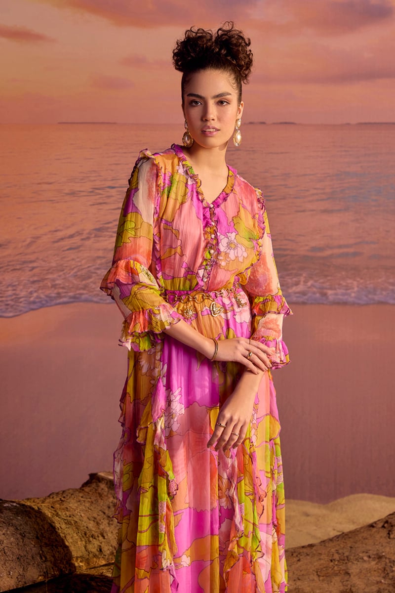 Yellow/Pink Printed Chiffon Tiered Midi Dress