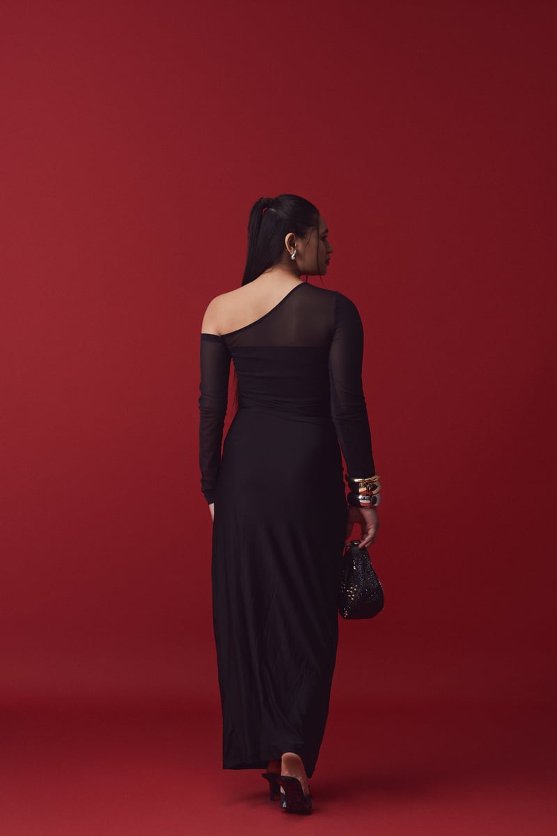 Black One-Shoulder Sheer Sleeve Ruched Maxi Gown