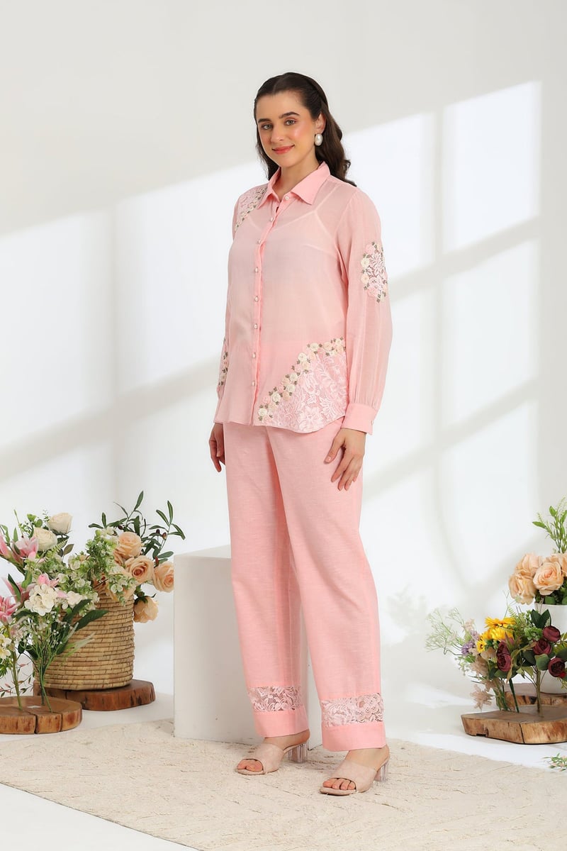 Pink Rose Garden Hand Embroidered French Lace Mul Linen Co-Ord Set
