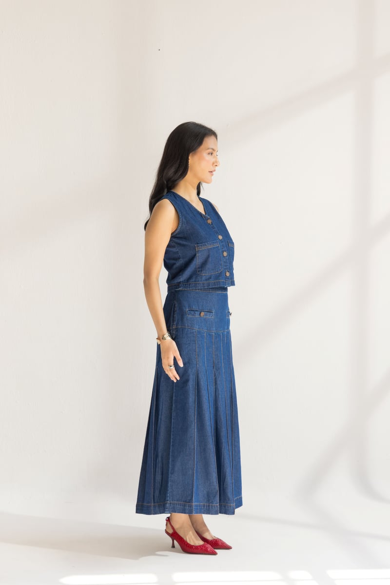 Blue Denim Vest and Pleated Midi Skirt Co-ord Set
