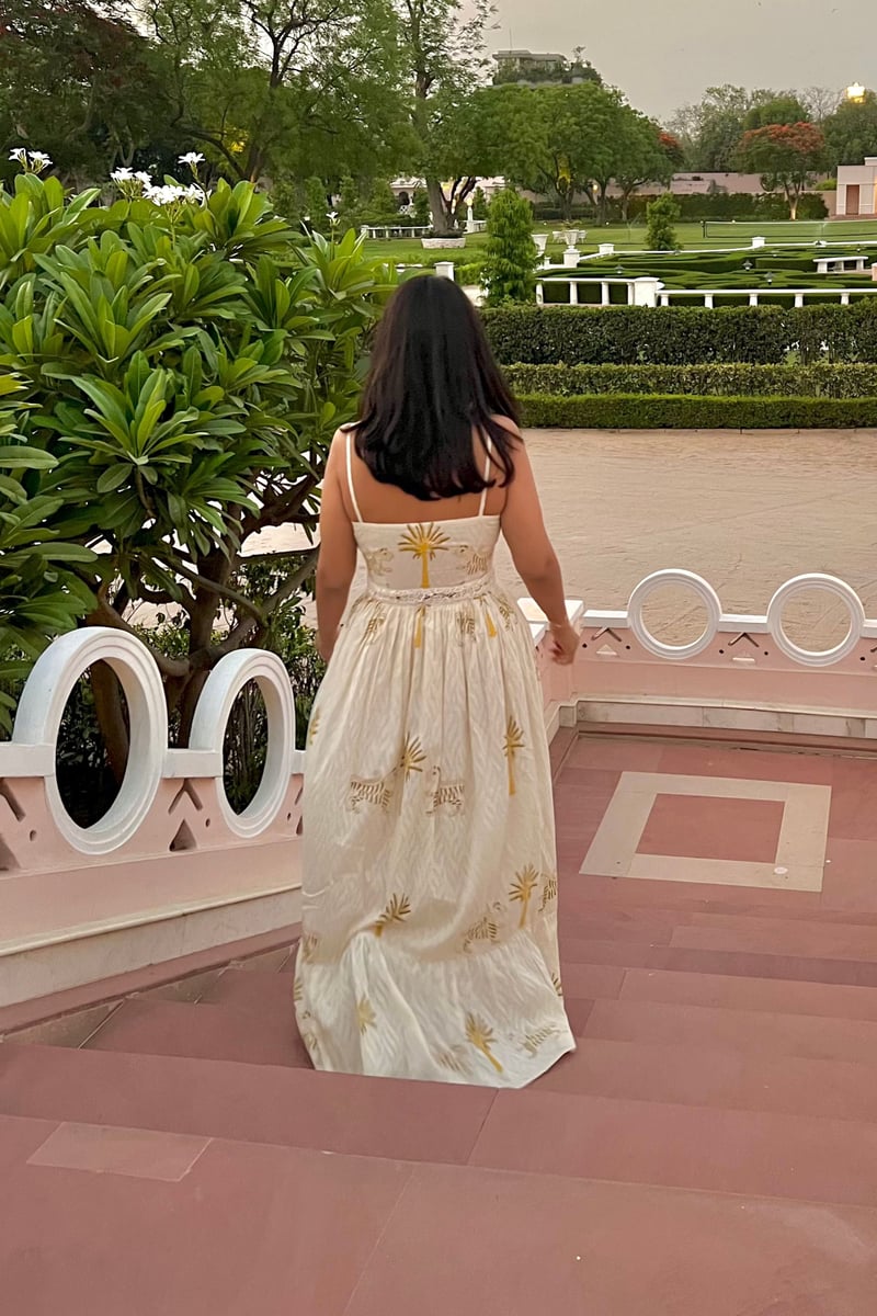 Off-White Printed Tiered Maxi Dress with Crochet Waist