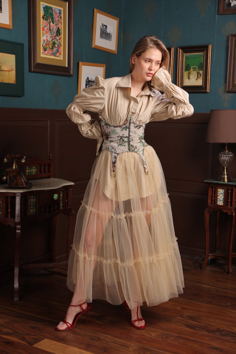 Beige Net Tiered Maxi Skirt
