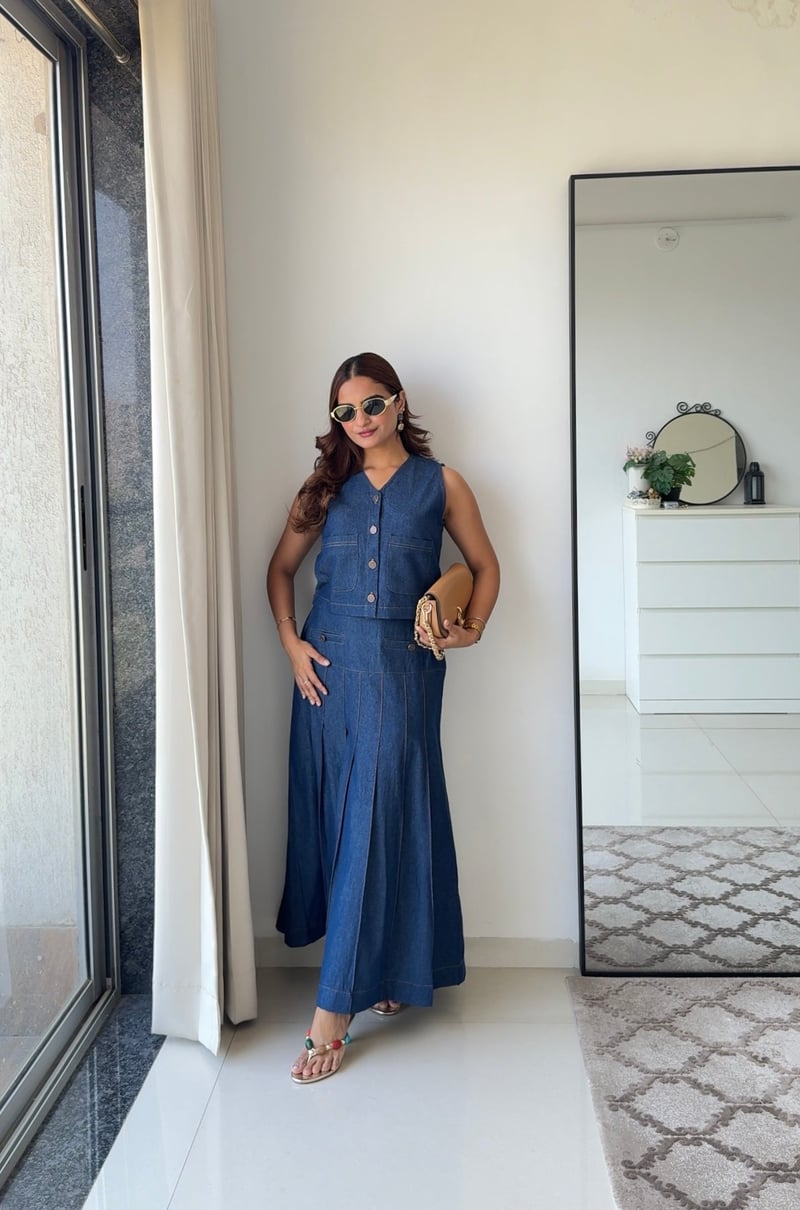 Blue Denim Vest and Pleated Midi Skirt Co-ord Set