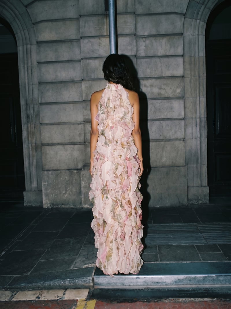 Pink Floral Chiffon Ruffle Maxi Gown