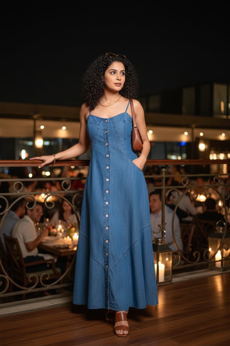 Blue Denim Button-Down A-Line Maxi Dress