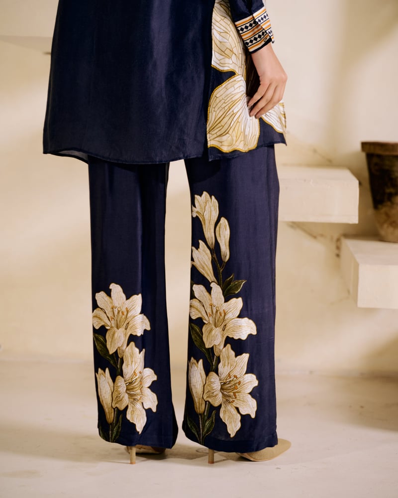 Blue High-Waist Wide-Leg Satin Trousers with Floral Print