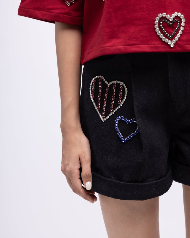Black Denim High-Rise Shorts with Embellished Hearts