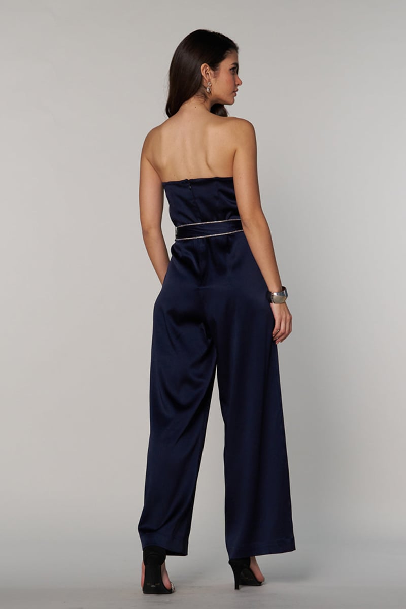 Navy Satin Strapless Sweetheart Jumpsuit with Belt